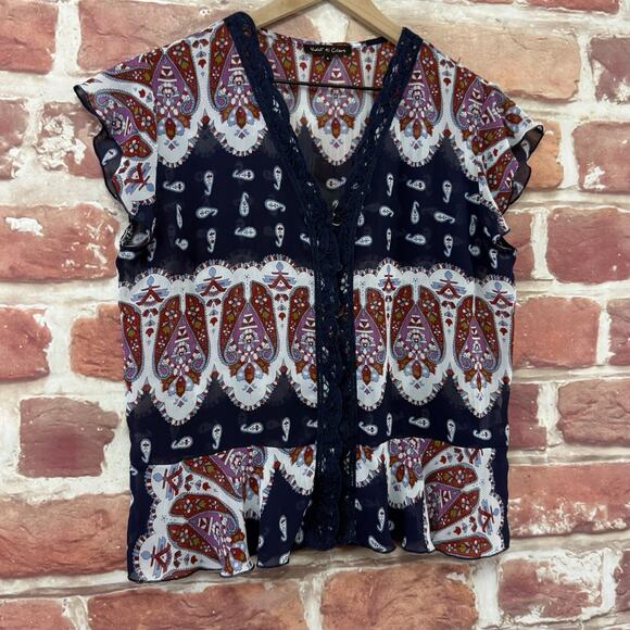 Violet & Claire Top Women's Small Multicolor Boho Floral Abstract Sheer Shirt - Picture 2 of 7